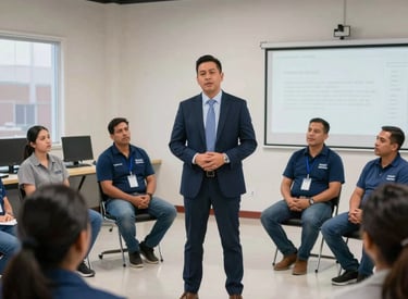 A team of workers wearing safety gear inspecting a modern industrial facility.