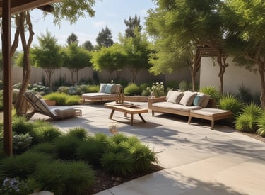 A serene backyard with a stone patio, lush greenery, and tasteful outdoor lighting.