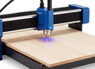 A craftsman working closely on laser engraving a wooden plaque with precise detail.
