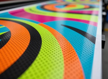 Finished custom printed banners and promotional materials displayed neatly.