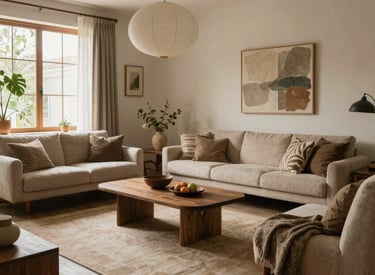 A cozy living room with soft lighting, plush seating, and warm wooden accents.