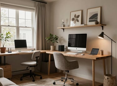 A flat lay of design magazines, fabric swatches, and a steaming cup of tea.
