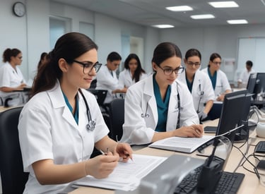 A focused instructor guiding a small group of healthcare professionals through medical coding exercises in a bright classroom.