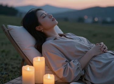 A calm, softly lit room with hands gently hovering over a peaceful person's head during a reiki session.