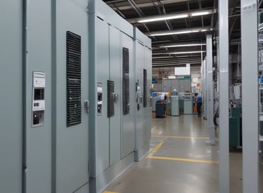 Modern industrial electrical equipment with Siemens branding in a sleek warehouse setting.