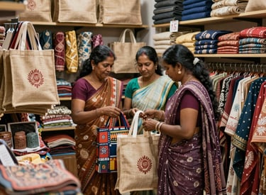 A smiling woman selling handmade goods at a bustling village market.