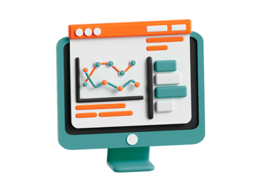 3D illustration of a computer monitor displaying SEO analytics and website performance charts.