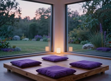Photography of a minimalist meditation room at dusk, featuring a low wooden platform with plush purple cushions, a soft glow of lavender light from hidden lamps, large window overlooking a calm North American / US garden, ethereal and still.