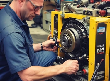 Technician repairing a large diesel engine part in a professional workshop.