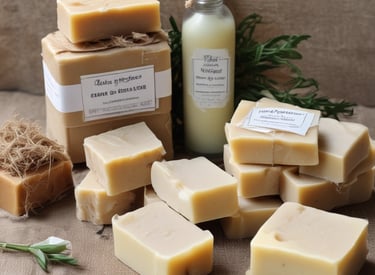 A vendor arranging fragrant candles and bath products wrapped in rustic packaging.