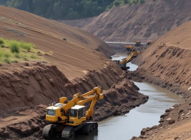 Workers planting trees near a coal extraction area as part of reforestation.