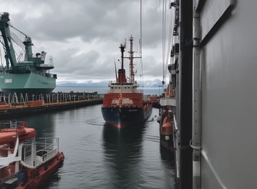 Ships loading coal at a bustling harbor under clear skies.