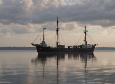 A panoramic view of a coal mining site at sunset with trucks transporting coal.