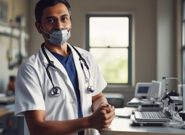 Healthcare professionals consulting over patient charts in a modern hospital setting.