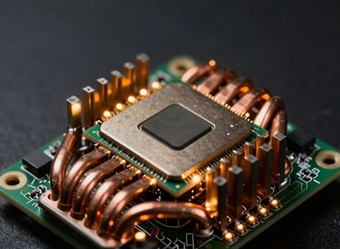 Low-key, high-contrast macro photograph of a clean ASIC miner circuit board, copper heat pipes reflecting the warm amber glow of status LEDs, dark obsidian background.