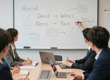 Photo of a team collaborating around a table with laptops and notes.