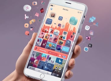 Close-up of hands designing colorful social media posts on a tablet.