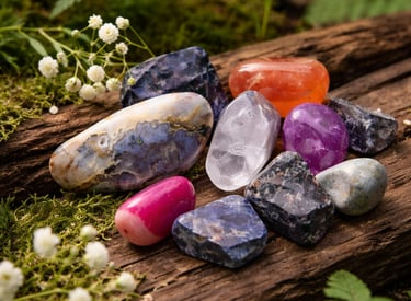 Cristales curativos pulidos y piedras preciosas pulidas sobre madera musgosa natural