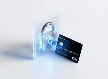 Futuristic secure access concept with Safemoney.cloud card unlocking digital lock using premium security key clean background