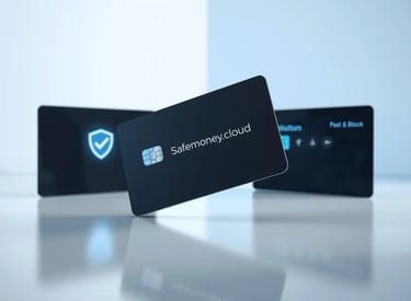 Safemoney.cloud bank card with security shield and clean financial interface on a bright modern minimalist background.