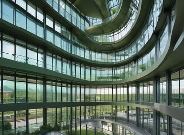 A busy construction site with workers and sustainable technology equipment.