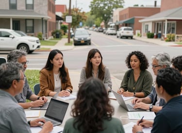 A group of diverse community members in a North American urban neighborhood gathering together for a collaborative planning meeting, hopeful and professional atmosphere.