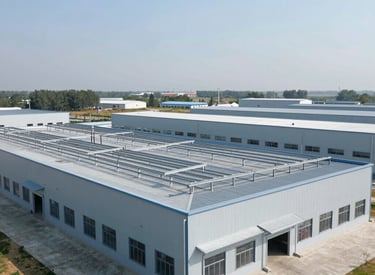 Steel framework of an industrial building with golden-hued fasteners highlighted.