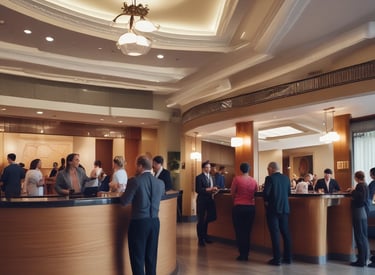 A cozy tropical hotel room with a view of palm trees and the ocean.