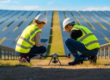 Dwóch specjalistów przygotowuje drona do inspekcji farmy fotowoltaicznej