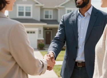 Professional real estate closing handshake in front of a modern home