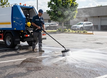 Pressure washing a retail center parking lot, removing oil stains and dirt.