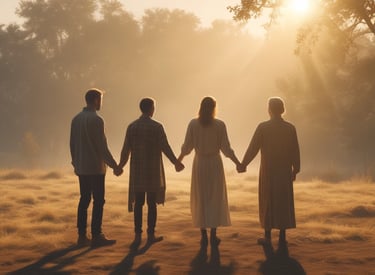 A peaceful prayer circle gathered in a cozy room, hands joined in intercession.