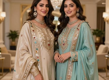 Close-up of a women's shalwar in soft beige with intricate magenta embroidery highlighting delicate floral patterns.