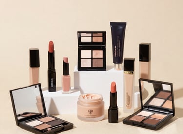 Cosmetics display featuring rich magenta lipsticks and subtle pearl-toned eyeshadows with elegant packaging.