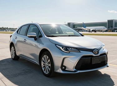 A sleek black VTC car waiting outside a modern airport terminal at sunset.