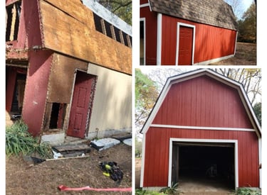 Before and after barn renovation by Page Homes and Yards LLC.