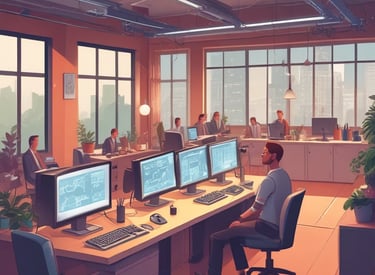 A modern workspace showing a person programming automation workflows on multiple screens.