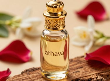 Close-up of a sleek, gold-capped attar bottle resting on a white marble surface with soft natural light highlighting its elegance.