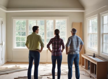 A contractor reviewing blueprints with a homeowner on a sunny Davis construction site.