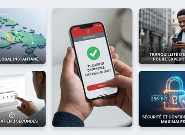 Coche verte de validation confirmant qu'un transfert de fonds est disponible pour le retrait 