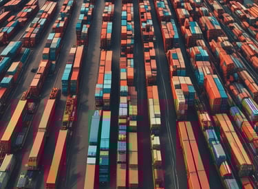 A modern control tower overseeing shipping containers and cargo trucks at a busy port.