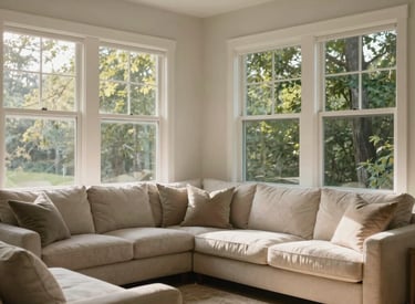 An interior photograph of a sunlit living area with clean, light-colored furniture and large windows overlooking a green forest at dawn. The lighting is soft and natural, reflecting a serene and clean North American home aesthetic.