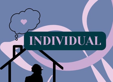 Ilustração de pessoa sozinha dentro de uma casa, pensando em amor, a palavra INDIVIDUAL em destaque
