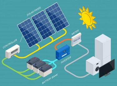 Isometric diagram of a solar power system with panels, controller, battery bank, inverter, and meter.