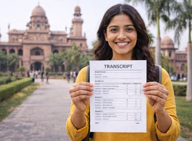 Indian student holding her transcripts in front of her university