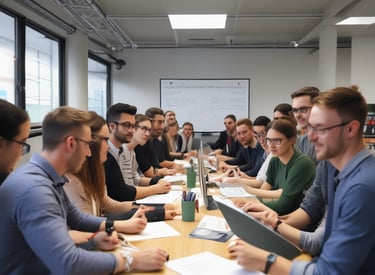 a group of people sitting around a table with papers and papers