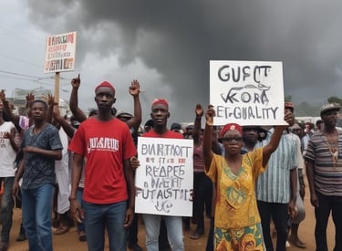 A group of Liberian women and men gathered outdoors, smiling and holding banners promoting gender equality.