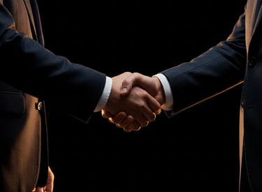 Professional business handshake between two men in suits, symbolizing a deal or corporate partnership.