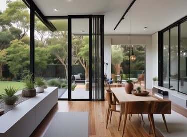 A spacious family room with cozy fireplace and large windows overlooking a garden.