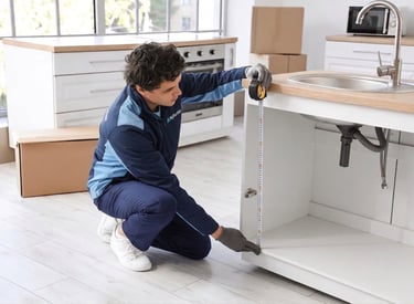 Plumber measuring sink cabinet for installation